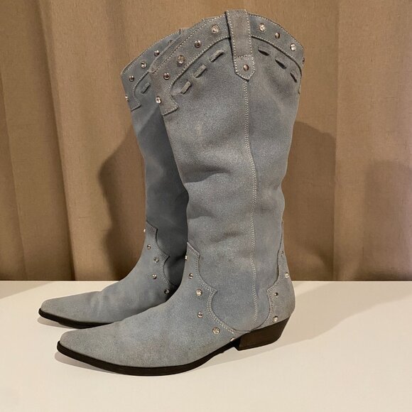 Steve Madden Y2K Light Blue Suede Studded Western Boots - 15" Tall Rodeo Style - Picture 6 of 12